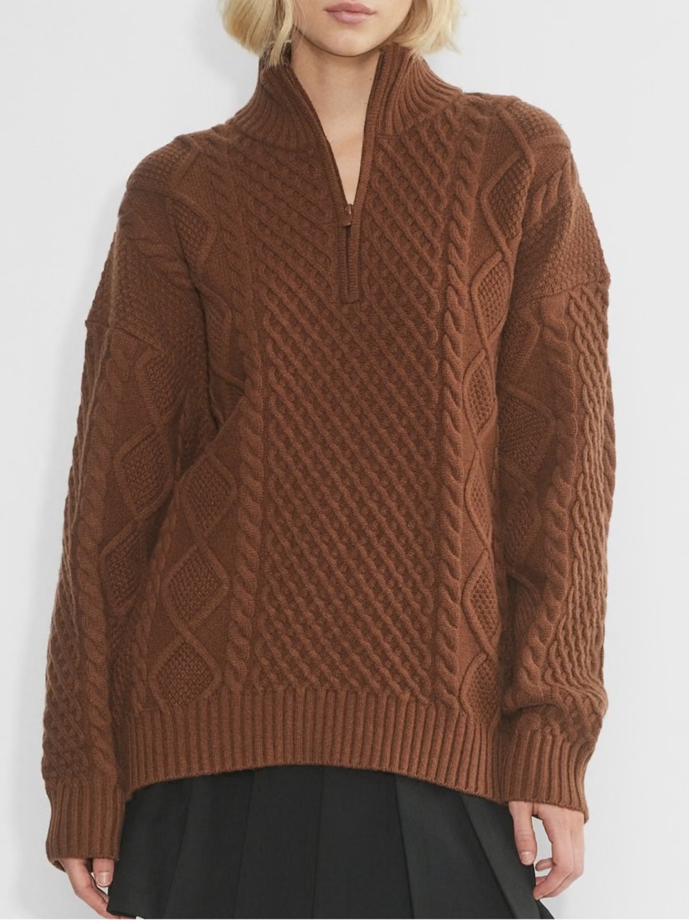 Aritzia Sunday Best Peggy Turtleneck 1/4 Zip Cableknit Sweater in Brown